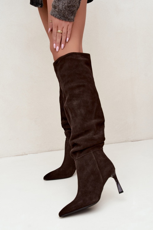 Botas altas em camurça sintética Slouchy com saltos finos Vinceza 89170 na cor chocolate
