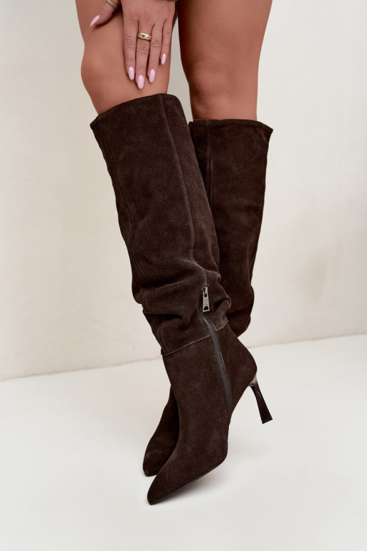 Botas altas em camurça sintética Slouchy com saltos finos Vinceza 89170 na cor chocolate