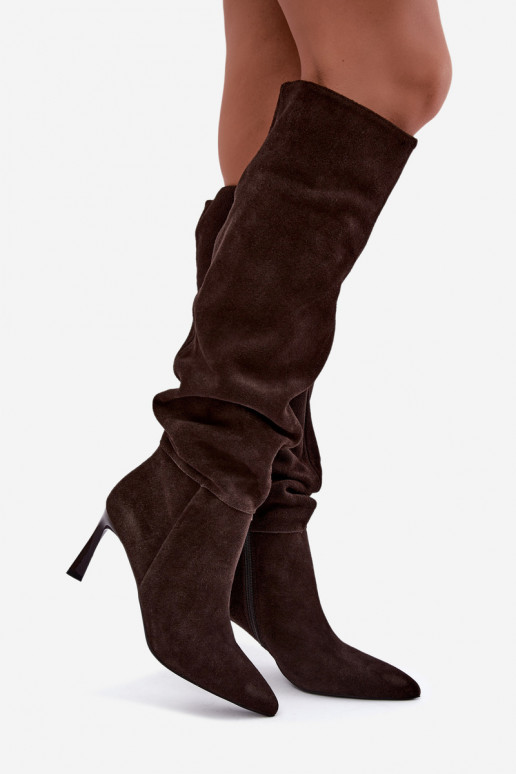 Botas altas em camurça sintética Slouchy com saltos finos Vinceza 89170 na cor chocolate