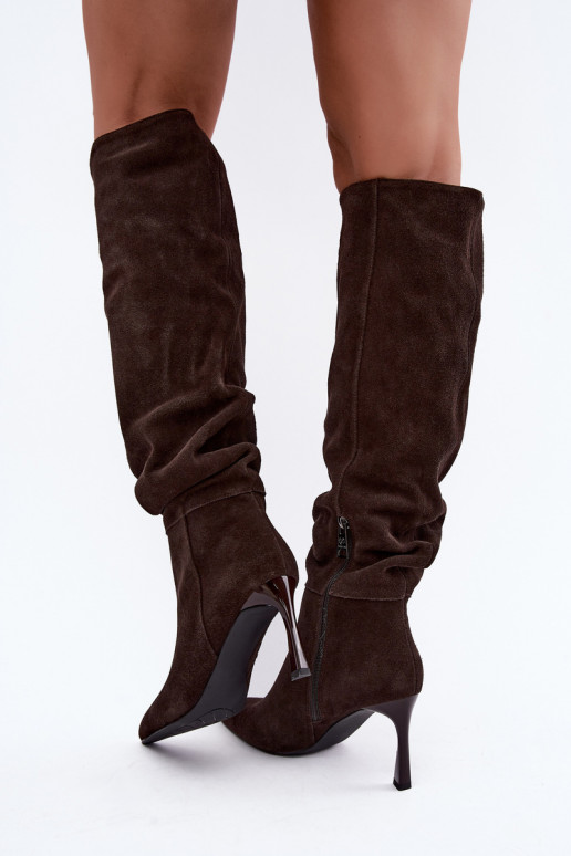 Botas altas em camurça sintética Slouchy com saltos finos Vinceza 89170 na cor chocolate