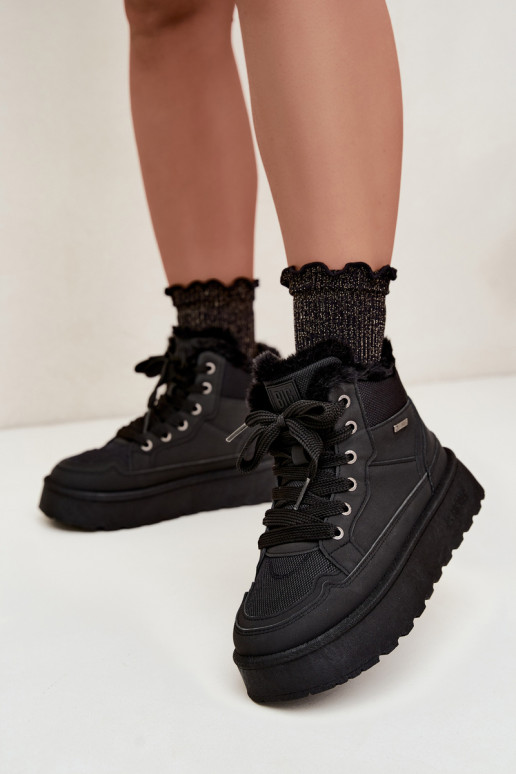 Botas de neve femininas pretas com atacadores e pelo Big Star UU274167