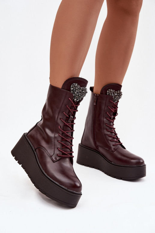 Botins de couro femininos com ornamentos forrados em bordô Ulrika