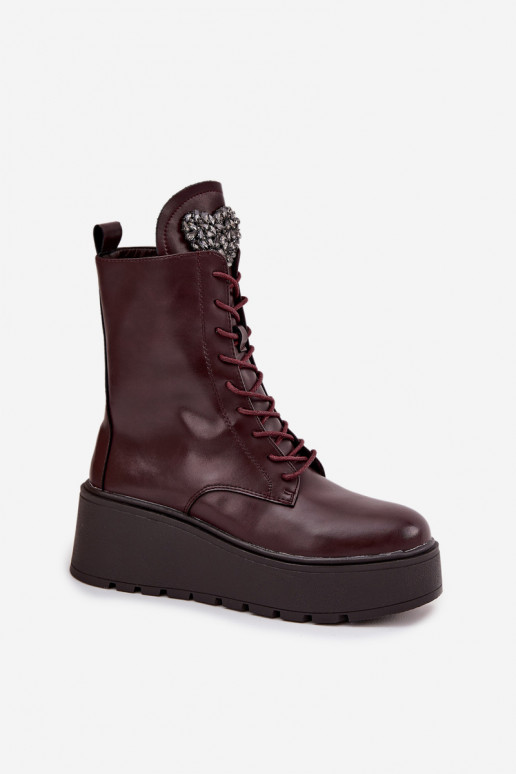 Botins de couro femininos com ornamentos forrados em bordô Ulrika