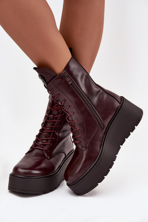 Botins de couro femininos com ornamentos forrados em bordô Ulrika