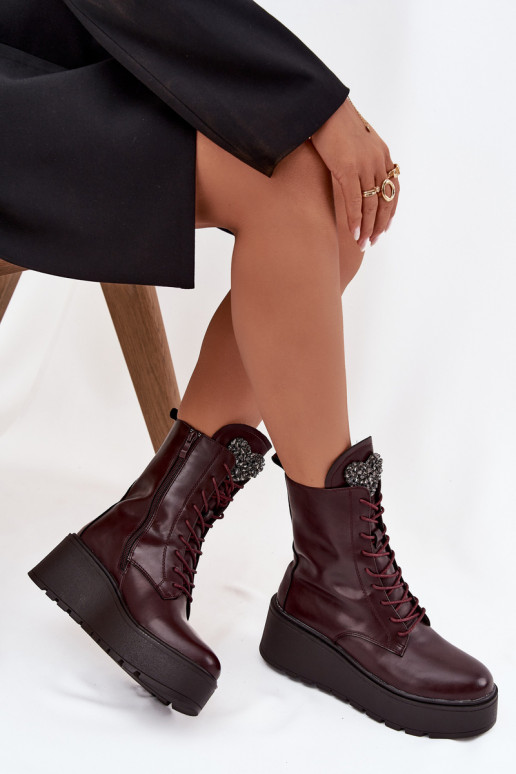 Botins de couro femininos com ornamentos forrados em bordô Ulrika