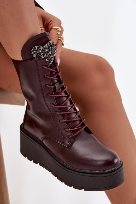 Botins de couro femininos com ornamentos forrados em bordô Ulrika