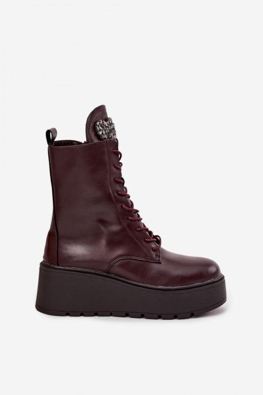 Botins de couro femininos com ornamentos forrados em bordô Ulrika