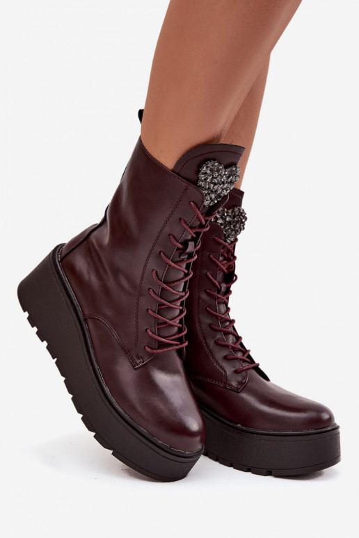 Botins de couro femininos com ornamentos forrados em bordô Ulrika