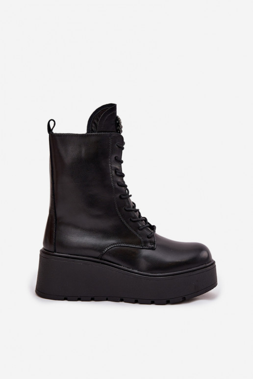 Botins de couro femininos com ornamentos forrados em preto Ulrika