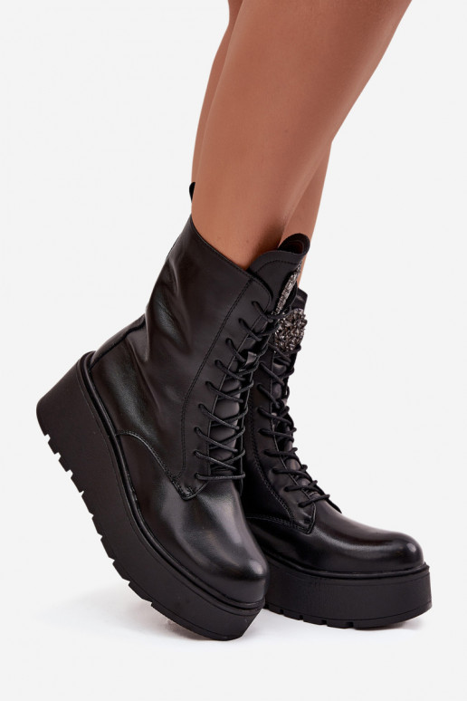 Botins de couro femininos com ornamentos forrados em preto Ulrika