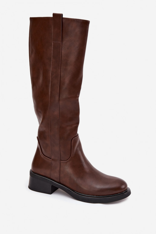 Botas altas femininas com salto baixo na cor marrom Averna