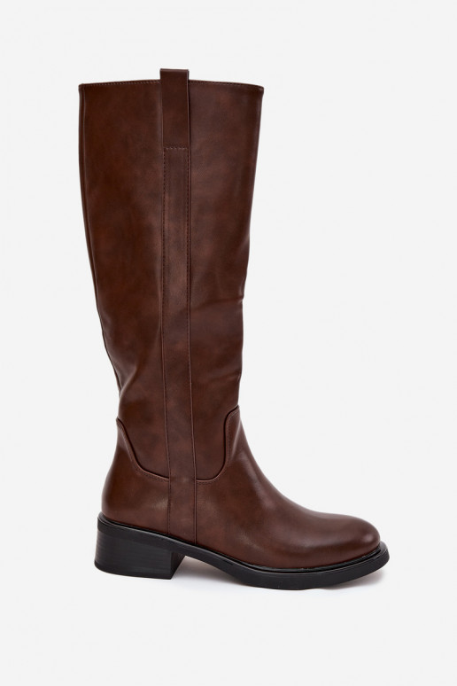Botas altas femininas com salto baixo na cor marrom Averna