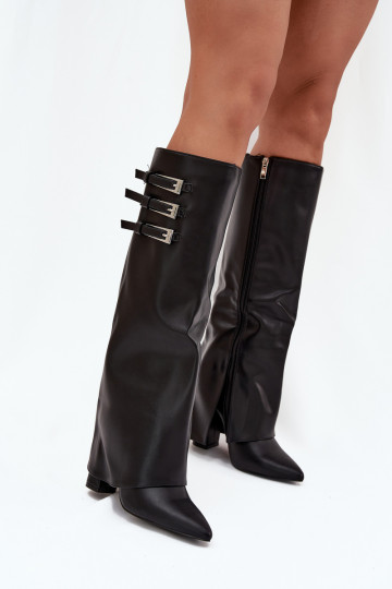 Botas altas femininas com salto e cano de amarração, tiras com fivelas na cor preta Nirisa
