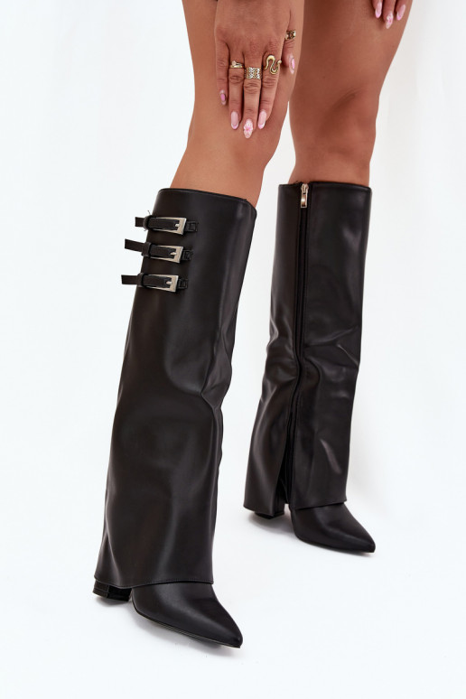 Botas altas femininas com salto e cano de amarração, tiras com fivelas na cor preta Nirisa