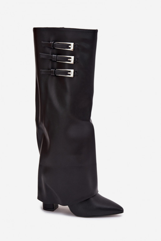 Botas altas femininas com salto e cano de amarração, tiras com fivelas na cor preta Nirisa