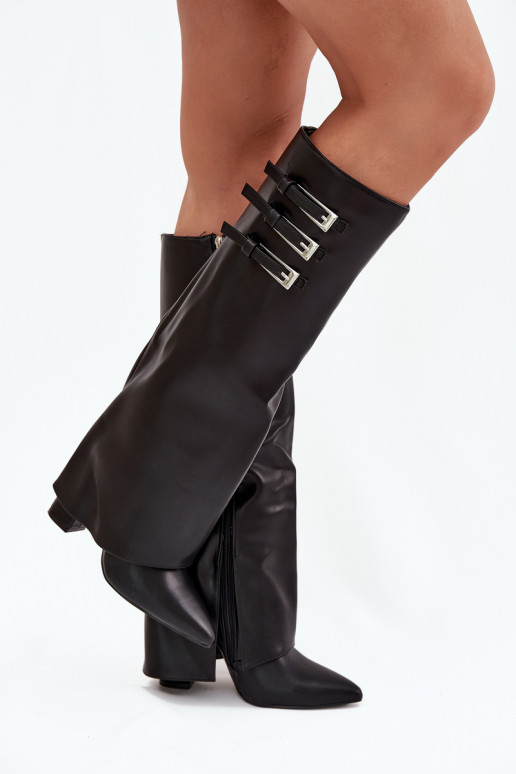 Botas altas femininas com salto e cano de amarração, tiras com fivelas na cor preta Nirisa