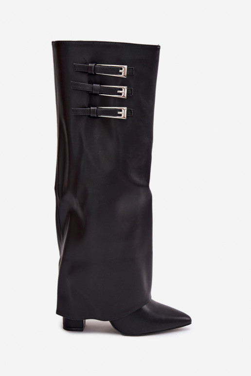 Botas altas femininas com salto e cano de amarração, tiras com fivelas na cor preta Nirisa