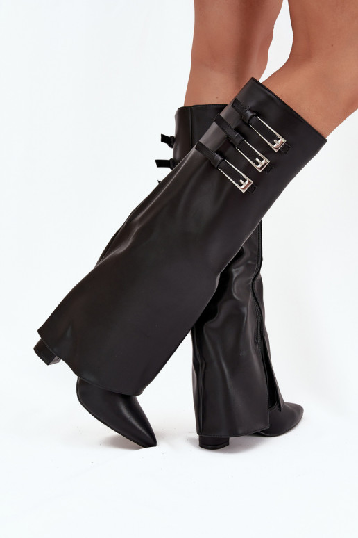 Botas altas femininas com salto e cano de amarração, tiras com fivelas na cor preta Nirisa