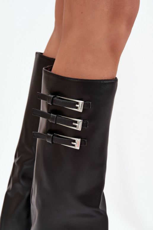 Botas altas femininas com salto e cano de amarração, tiras com fivelas na cor preta Nirisa