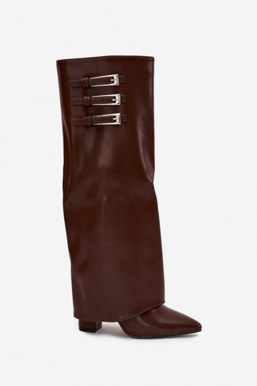 Botas altas femininas com salto e cano de amarração, tiras com fivelas na cor chocolate Nirisa