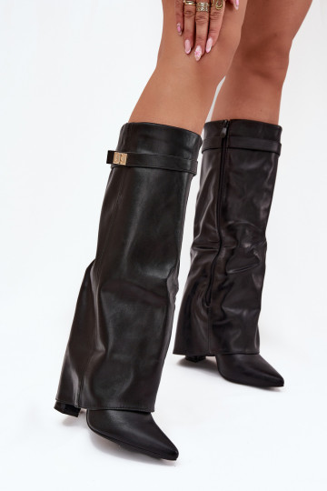 Botas altas femininas com salto e cano de amarração, com detalhes dourados na cor preta Diorna 2