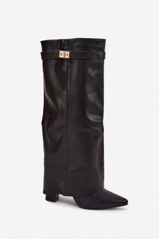 Botas altas femininas com salto e cano de amarração, com detalhes dourados na cor preta Diorna