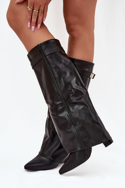 Botas altas femininas com salto e cano de amarração, com detalhes dourados na cor preta Diorna