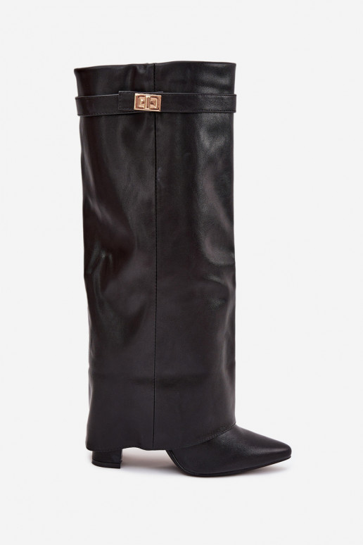 Botas altas femininas com salto e cano de amarração, com detalhes dourados na cor preta Diorna