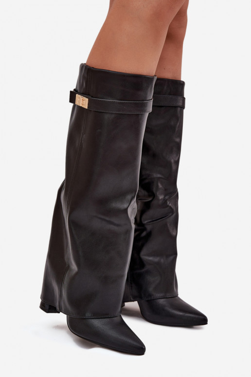 Botas altas femininas com salto e cano de amarração, com detalhes dourados na cor preta Diorna