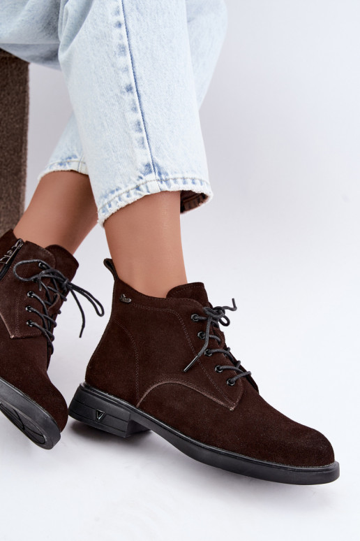 Sapatos de camurça quentes com salto baixo Vinceza 39953 chocolate