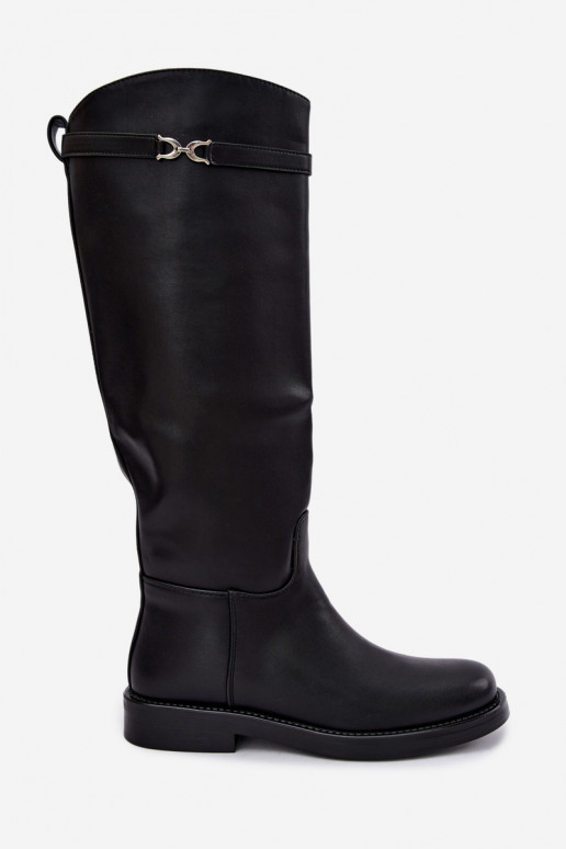 Botas longas com saltos largos e tiras decorativas na cor preta Famina