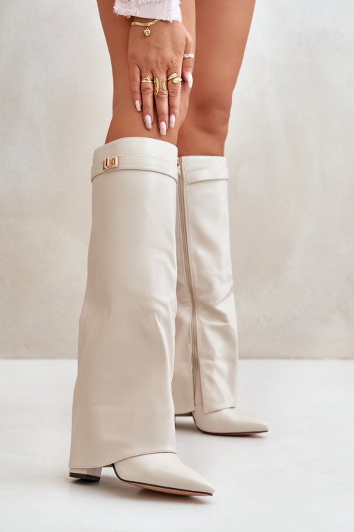 botas altas femininas com inserções em couro sintético e saltos na cor marfim Avamora