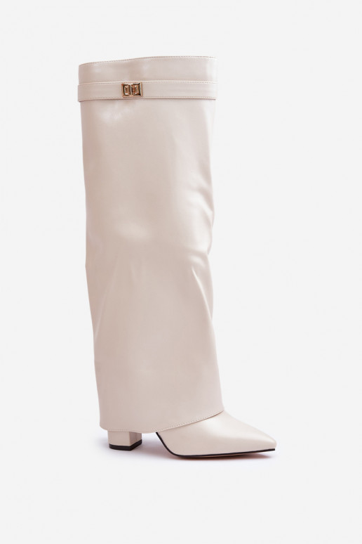 botas altas femininas com inserções em couro sintético e saltos na cor marfim Avamora