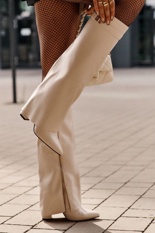 botas altas femininas com inserções em couro sintético e saltos na cor marfim Avamora