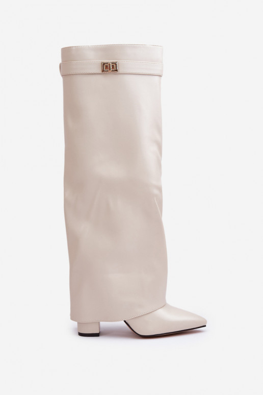 botas altas femininas com inserções em couro sintético e saltos na cor marfim Avamora