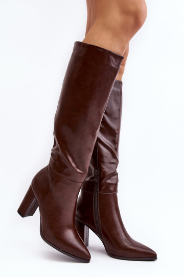 Botas marrons femininas até o joelho com salto Fiminna