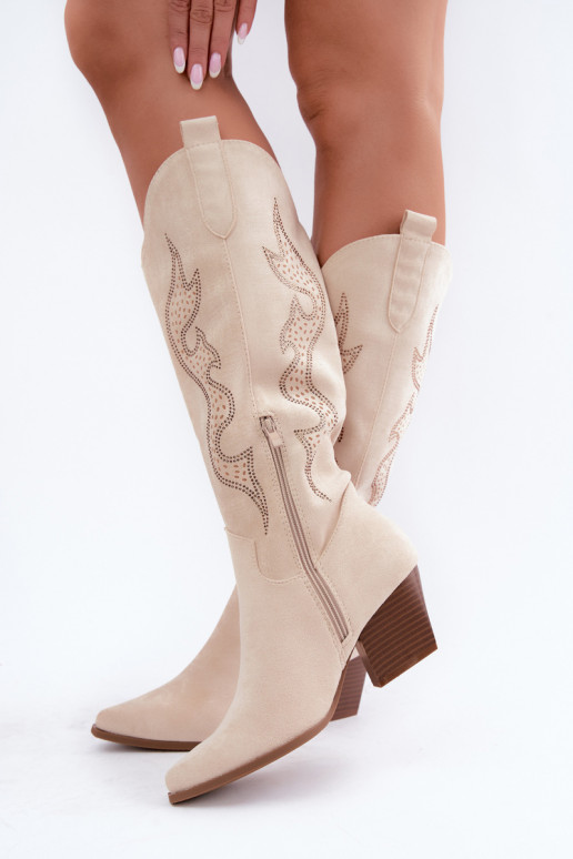 Botas altas de estilo cowboy em marfim com decoração no eixo Greyla