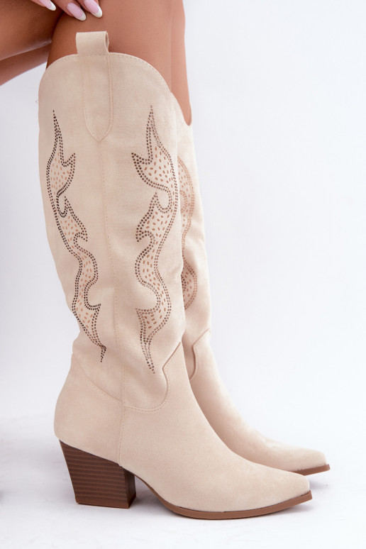Botas altas de estilo cowboy em marfim com decoração no eixo Greyla