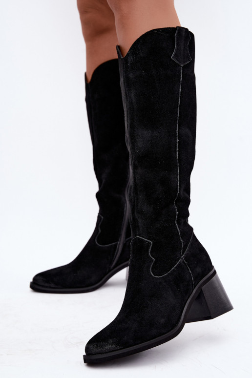 Botas altas pretas de camurça sintética de estilo cowboy com salto Vinceza 133103