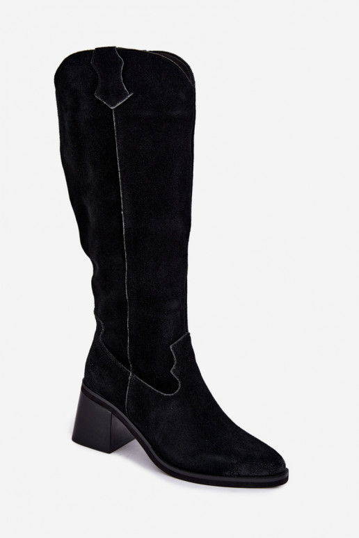 Botas altas pretas de camurça sintética de estilo cowboy com salto Vinceza 133103
