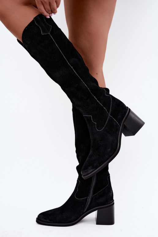 Botas altas pretas de camurça sintética de estilo cowboy com salto Vinceza 133103