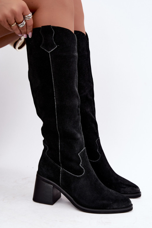 Botas altas pretas de camurça sintética de estilo cowboy com salto Vinceza 133103