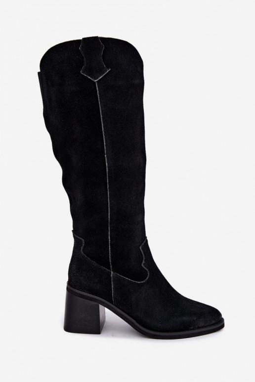 Botas altas pretas de camurça sintética de estilo cowboy com salto Vinceza 133103