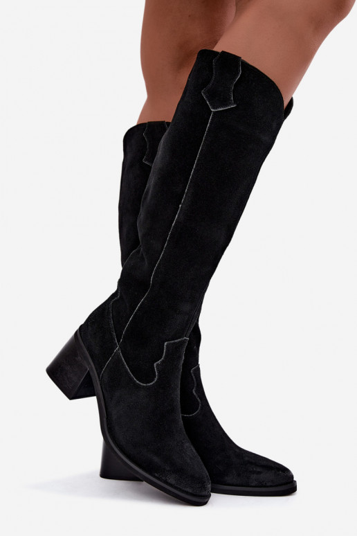 Botas altas pretas de camurça sintética de estilo cowboy com salto Vinceza 133103