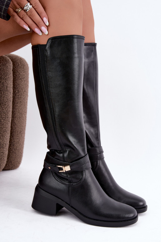 Botas de couro aquecidas com saltos decorados Sergio Leone KZ-13 pretas