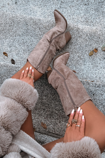 Botas acima do joelho isoladas em estilo cowboy com salto, em camurça sintética, em areia 2