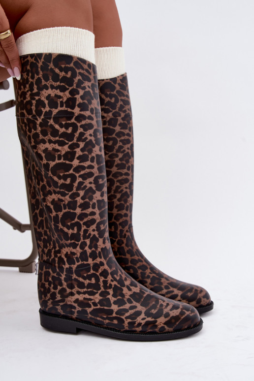 Botas femininas de borracha altas com saltos largos e estampa de leopardo na cor preta Melianne