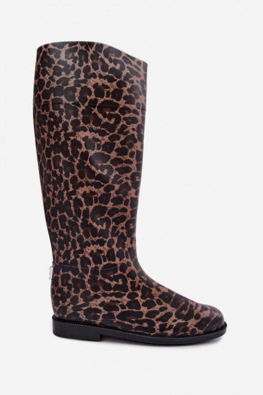 Botas femininas de borracha altas com saltos largos e estampa de leopardo na cor preta Melianne