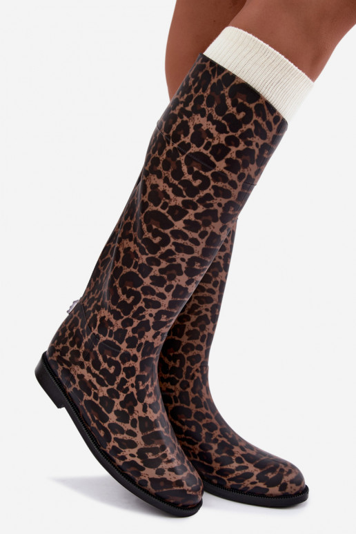 Botas femininas de borracha altas com saltos largos e estampa de leopardo na cor preta Melianne