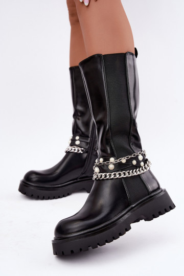 Botas altas e quentes com plataforma e correntes em preto Doremi 2